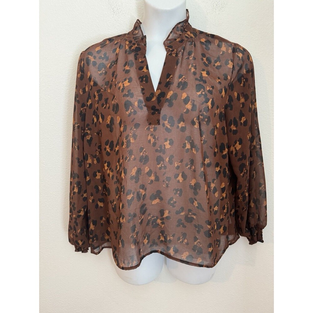 CAbi Obsess Blouse, Fall 2024 Size Large Brown Leopard Sheer Excellent Peasant